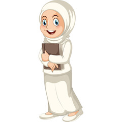 Illustration Of A Young Muslim Girl Wearing A White Hijab And A White Dress Holding A Brown Book With A Smiling Face And Blue Eyes In A Studio Shot Isolated On A Transparent Background