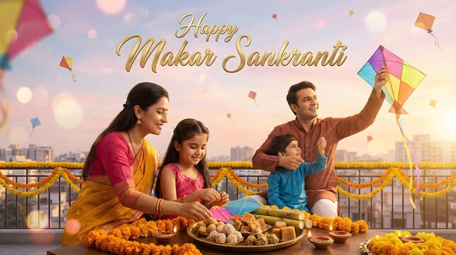 Happy makar sankranti family flying kites and enjoying sweets outdoors - Powered by Adobe