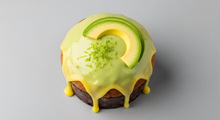 A single cake with avocado topping and green glaze on a plain grey background in a close up shot lemon zest