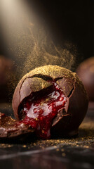 A decadent gourmet chocolate truffle with a red raspberry filling. Luxury dark chocolate bonbon cracked open and dusted with shimmering gold powder on a dark background