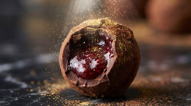 Gourmet chocolate truffle with a liquid red fruit filling. Sprinkling with cocoa powder and edible gold dust. A close-up of a luxurious and decadent dessert