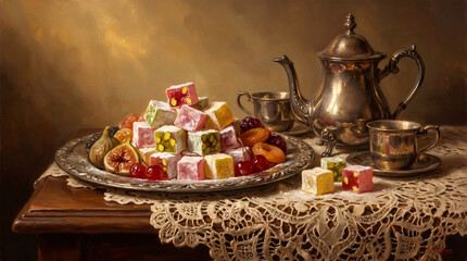 Fototapeta premium A classic still life painting of Turkish delight and dried fruit on a silver platter. Traditional gourmet lokum sweets with a vintage silver tea set on a lace tablecloth