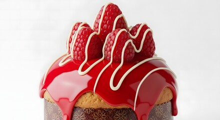 Close up of a panettone cake with red glaze and raspberries on top against a white background