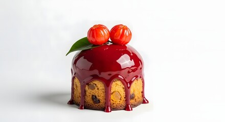 Close up of a cake with red glaze, two red pitangas and a green leaf on a white background view