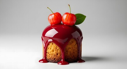 Small cake with red glaze and two pitangas on top against a plain white background studio shot