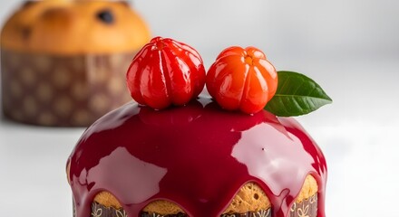 Close up of glazed panettone with candied pitangas  fruits and a leaf on top against a white background
