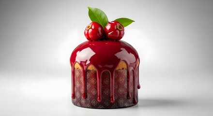 Close up of a panettone cake with red glaze and pitangas on top against a white background