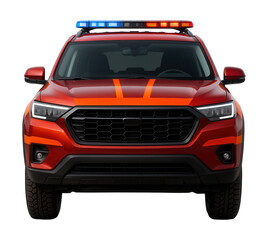 Emergency SUV featuring bright orange stripes and rooftop siren lights.