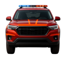 Emergency SUV featuring bright orange stripes and rooftop siren lights.