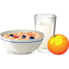 Healthy Breakfast Bowl Of Oatmeal With Fresh Blueberries And Strawberries Beside A Glass Of Milk And A Whole Orange On A White Background