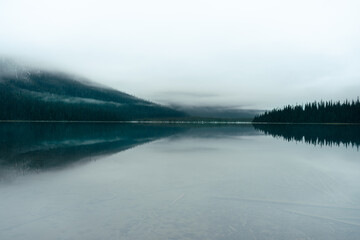 A calm lake mirrors the tranquil forest in a serene, natural landscape.