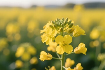 Close up of vibrant yellow wildflowers blooming in a sunlit natural field during daytime