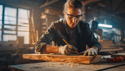 Focused female carpenter drawing on wood with tools in workshop