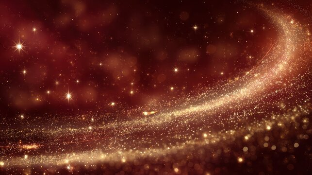 Golden dust swirls in a red nebula with bokeh lights - Powered by Adobe