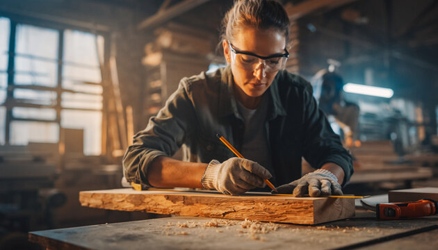 Focused female carpenter drawing on wood with tools in workshop - Powered by Adobe
