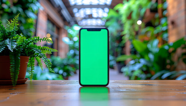 modern mobile phone in a restaurant with green screen