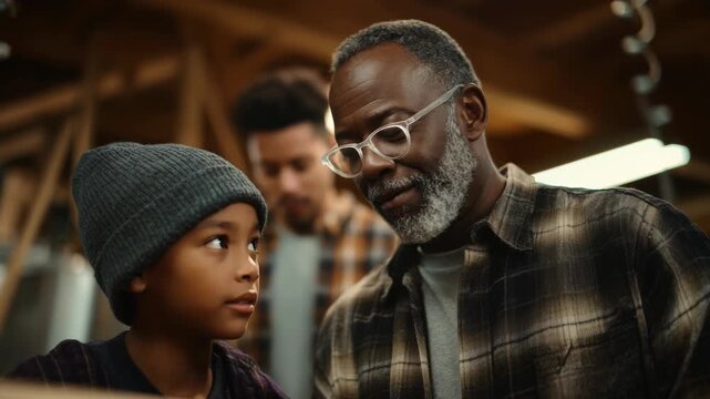 Three generations of African American men in workshop together
