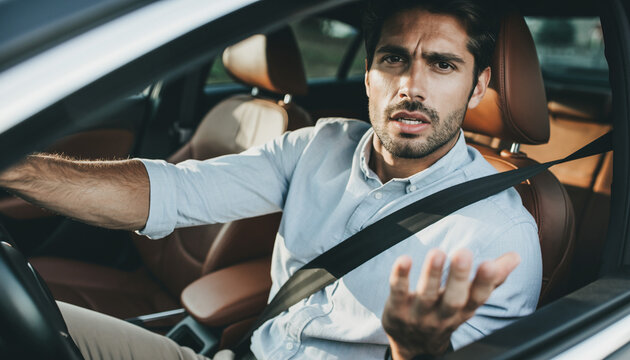 Frustrated man in car, gesturing with hand, experiencing road rage or anger while driving