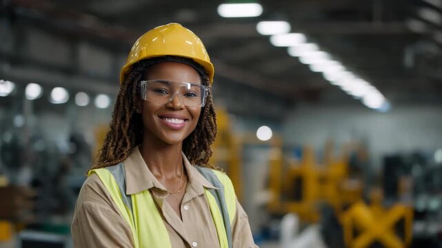 Portrait of happy African American female factory worker smiling