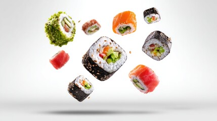 Assortment of colorful sushi rolls, levitating on a neutral backdrop