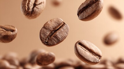 Falling, roasted coffee beans against a warm, light brown gradient backdrop