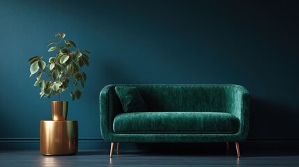 Teal living room with emerald velvet sofa and gold planter