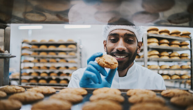 A professional baker, dressed in clean uniform and gloves, proudly displays a perfectly baked golden cookie in a bustling commercial kitchen, representing quality and craftsmanship in food production