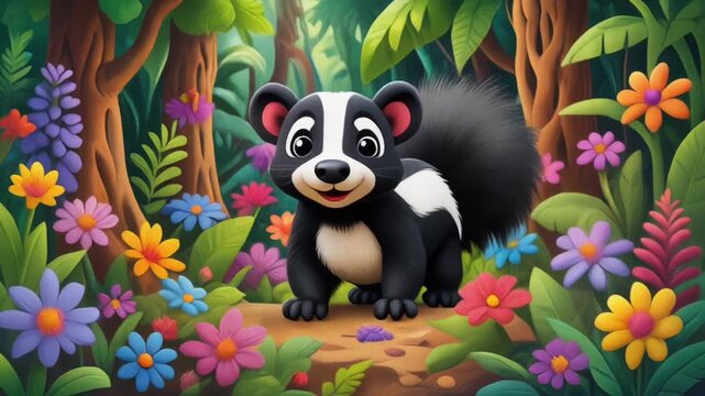 Claymation Style Skunk in a Forest with Colorful Flowers