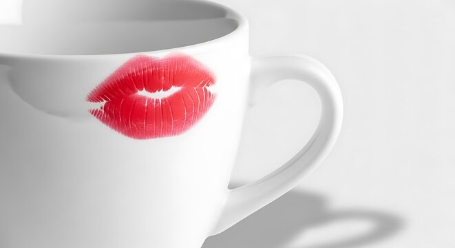 A bright red lipstick kiss mark stains a clean white coffee mug hinting at a romantic gesture or a secret admirer