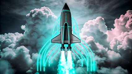 Rocket launch with neon trails taking off into the clouds concept for innovation and technology