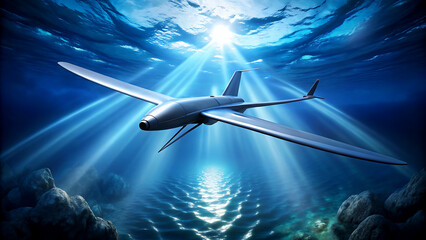 Futuristic underwater drone gliding through the ocean a cutting-edge technology concept for marine exploration and research with sun rays piercing through the water