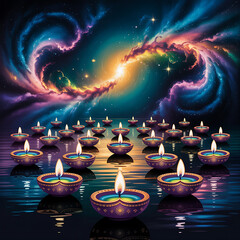 Floating Lights Under a Vibrant Cosmic Tapestry