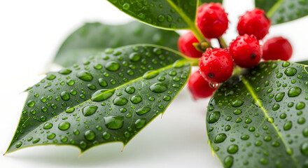 Holly branch with water drops on green leaves and red berries season