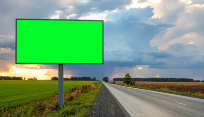 Blank green billboard stands tall on rural road, ready for your message under dramatic skies, perfect for advertising, announcements, or branding campaigns