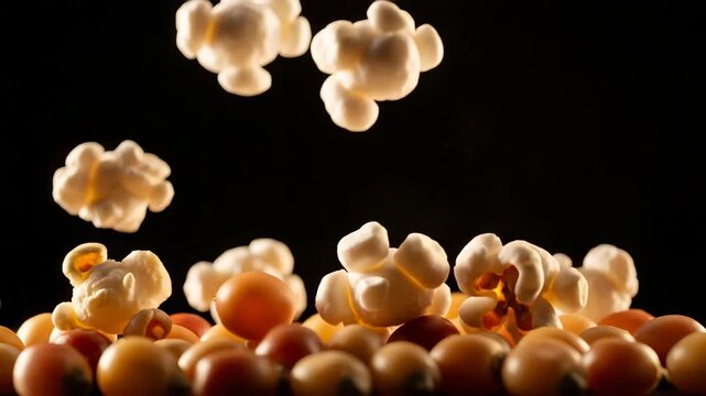 Close up of popping popcorn kernels and exploded popcorn against black background