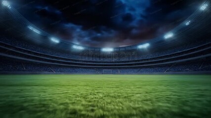 Night stadium glow over empty pitch bright floodlights, sweeping stands, clouded sky above at dusk - Powered by Adobe