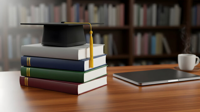Academic Pursuit: A cap of graduation rests atop a tower of knowledge, next to a digital tablet and coffee cup. Representing higher learning.  - Powered by Adobe