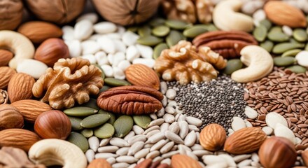 Obraz premium Macro View of Various Healthy Nuts and Seeds Arranged for Display