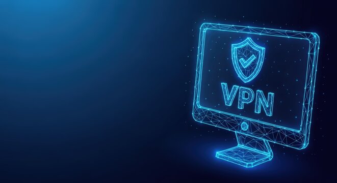 Computer screen displaying VPN security shield and connection on a digital blue network background