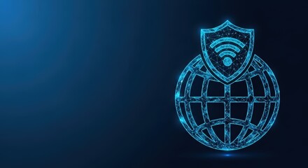 Digital globe protected by a shield with wifi signal icon representing network security