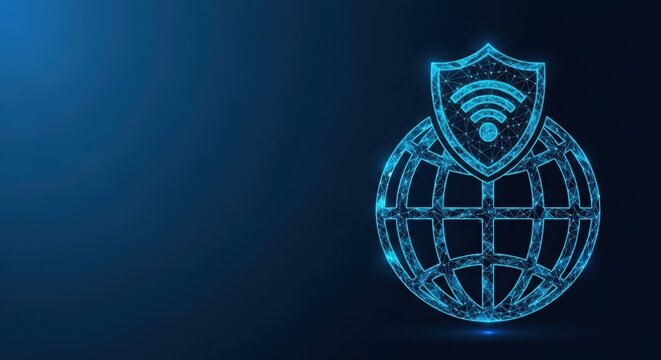 Digital globe protected by a shield with wifi signal icon representing network security