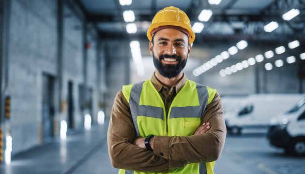 Portrait of a handsome and confident industrial worker in a hard hat and safety vest smiling at the camera in a large warehouse