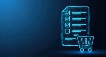 Digital shopping checklist with completed tasks and shopping cart icon on dark background