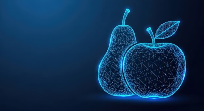 Digital wireframe rendering of an apple and pear in glowing blue technology style
