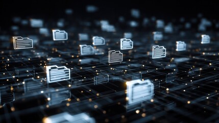 Data Network: An interconnected digital landscape showcasing glowing file folders, symbolizing a network of data and digital information.