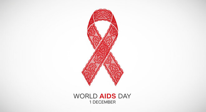Red lace ribbon on a white background, for World AIDS Day, observed annually on December 1st, with text underneath, symbolizing support and awareness.