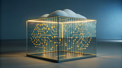 Cloud computing concept with circuit board brain inside a glass cube artificial intelligence and data storage modern technology illustration
