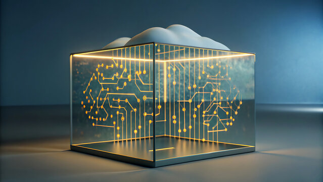 Cloud computing concept with circuit board brain inside a glass cube artificial intelligence and data storage modern technology illustration