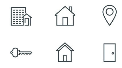 Property Management Icon Set with House, Door, Key and Location Marker, Modern Editable Vector Style