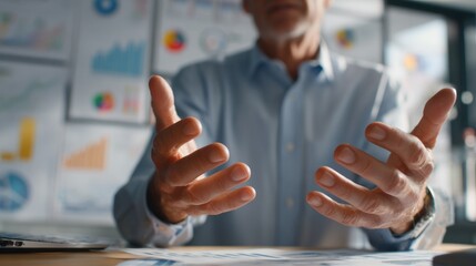 Strategic Overview: A seasoned business figure, with open hands and engaging body language, communicates in a meeting setting, signifying expertise.